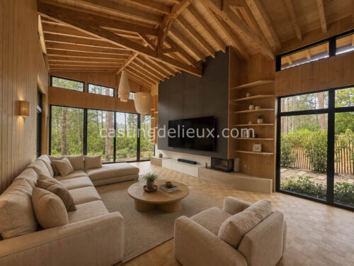 Villa d’architecte shooting photo Cap Ferret FR207 avec baies vitrées, terrasse bois, pinède, piscine chauffée et architecture contemporaine